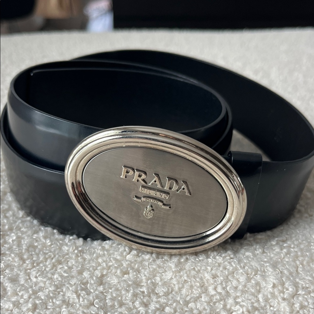 Prada Black Patent Belt with Silver Oval Logo Buckle